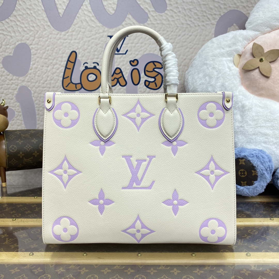 LV M23937 Louis Vuitton OnTheGo MM Bicolor Monogram Empreinte Leather Latte Bubble Tea Purple - Default Title - View 1