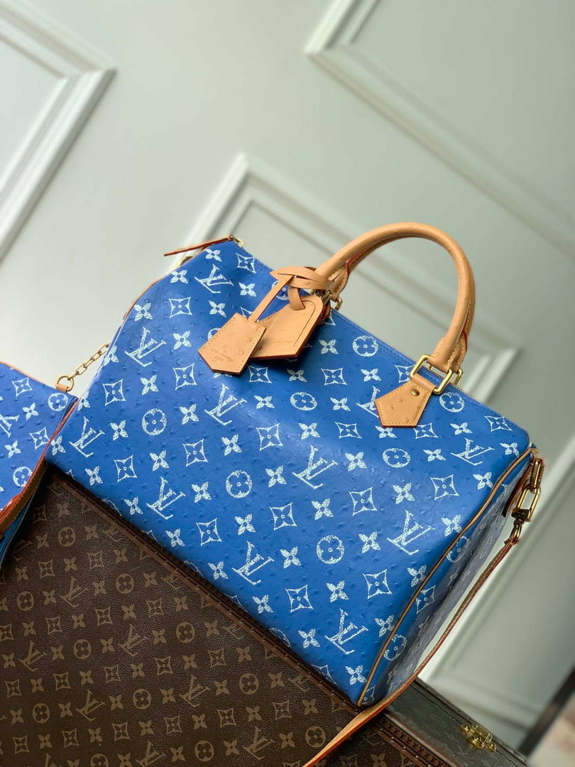 LV M24417 Louis Vuitton Speedy P9 Bandouliere 40 Bag Blue Ostrich Pattern