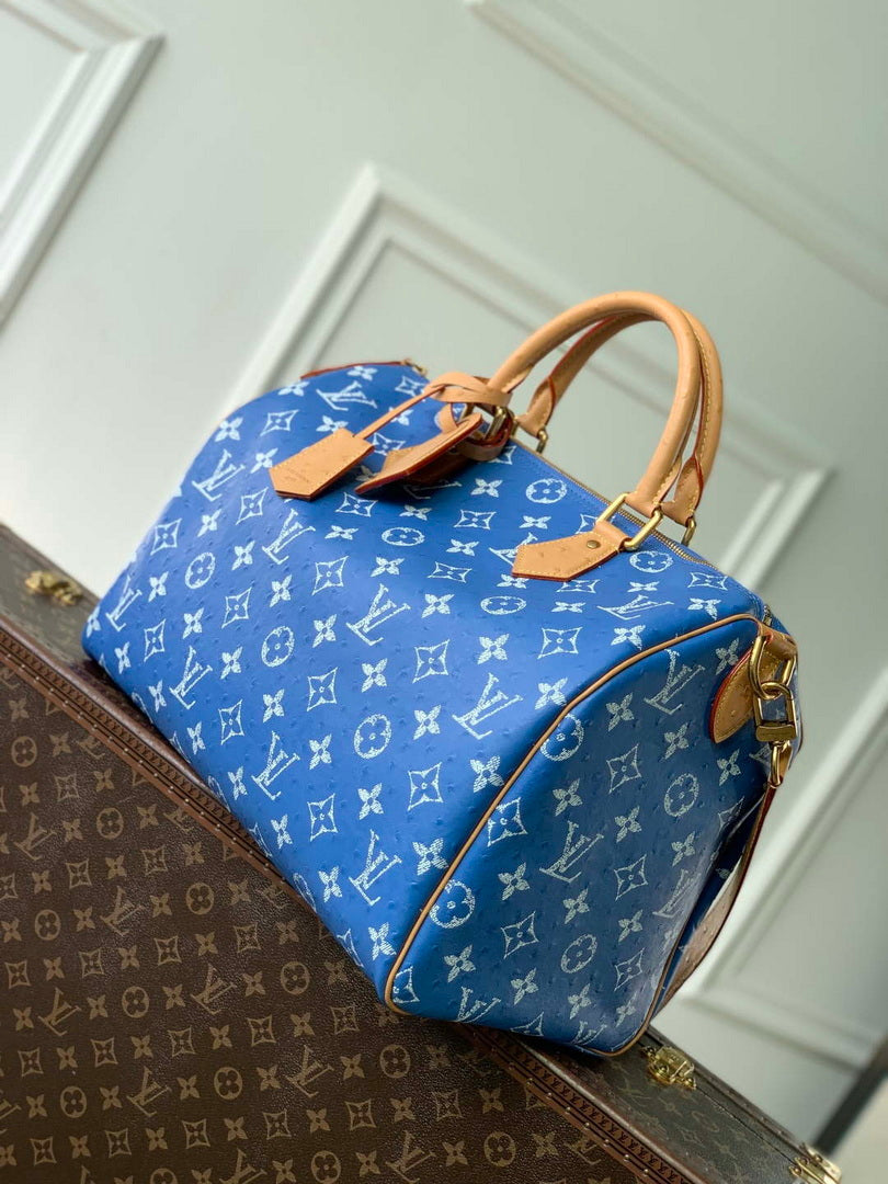 LV M24417 Louis Vuitton Speedy P9 Bandouliere 40 Bag Blue Ostrich Pattern