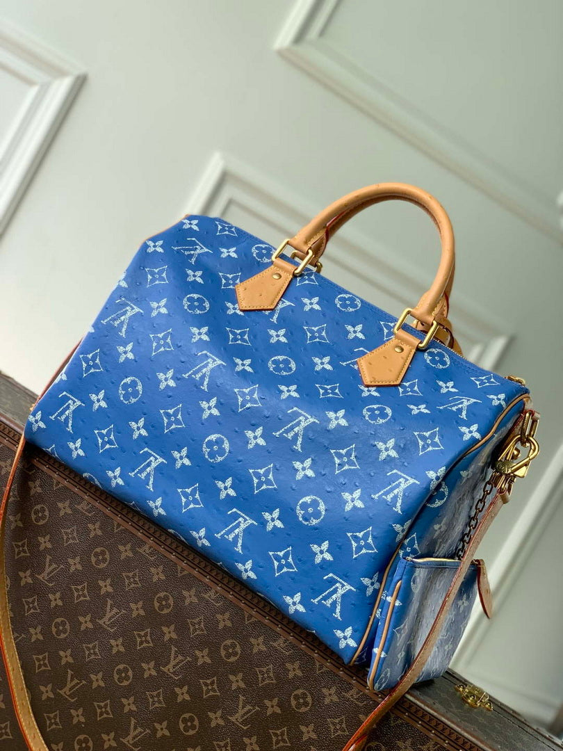 LV M24417 Louis Vuitton Speedy P9 Bandouliere 40 Bag Blue Ostrich Pattern