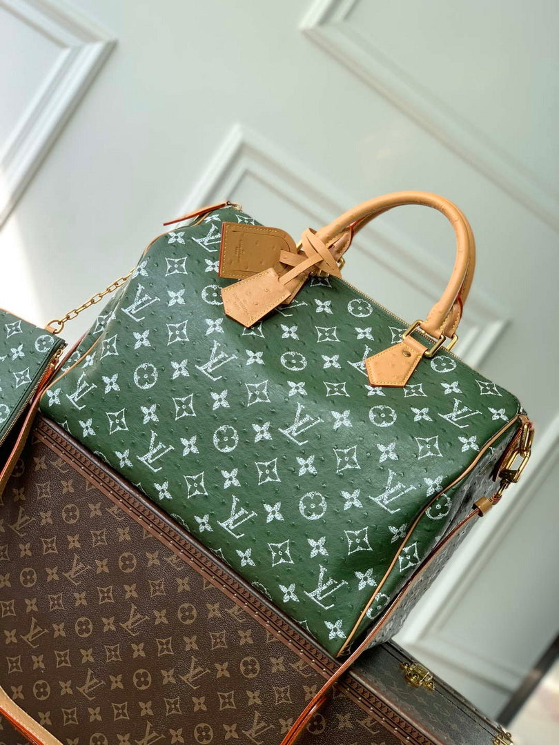 LV M24417 Louis Vuitton Speedy P9 Bandouliere 40 Bag Dark Green Ostrich Pattern