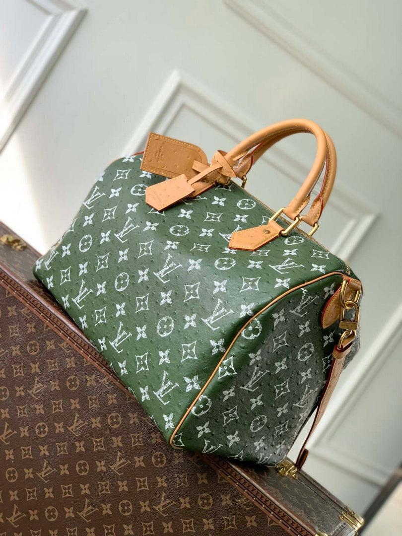 LV M24417 Louis Vuitton Speedy P9 Bandouliere 40 Bag Dark Green Ostrich Pattern