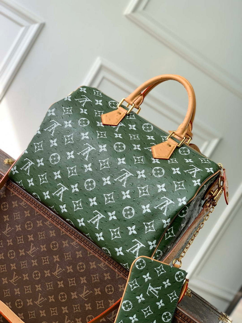 LV M24417 Louis Vuitton Speedy P9 Bandouliere 40 Bag Dark Green Ostrich Pattern