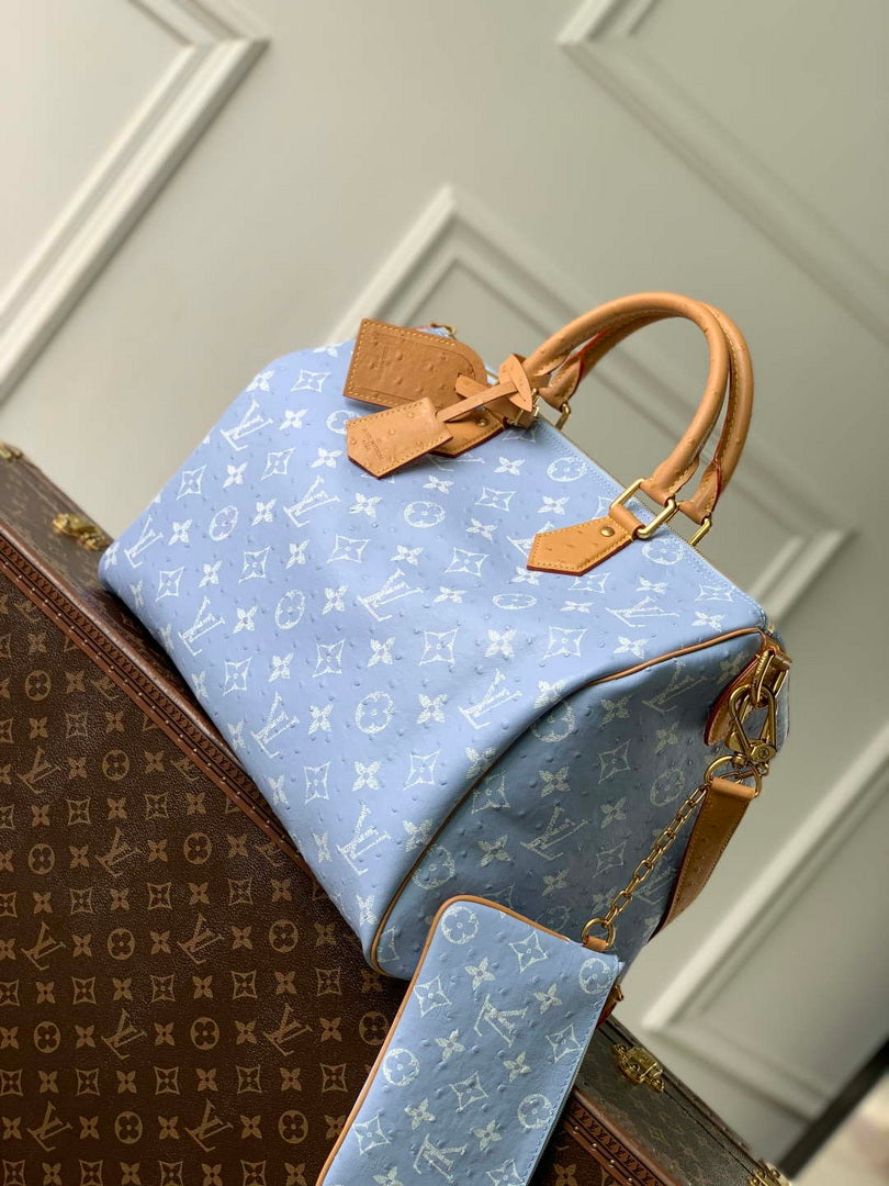 LV M24417 Louis Vuitton Speedy P9 Bandouliere 40 Bag Light blue Ostrich Pattern