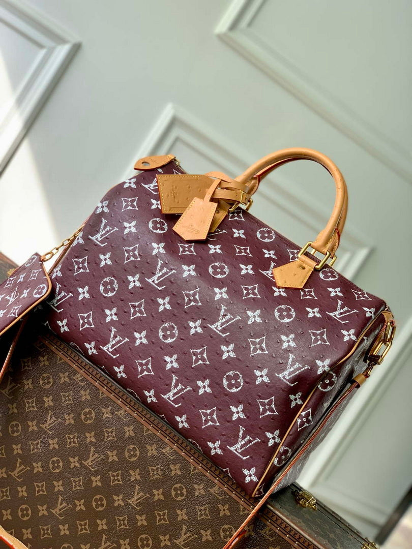 LV M24417 Louis Vuitton Speedy P9 Bandouliere 40 Bag Maroon Ostrich Pattern