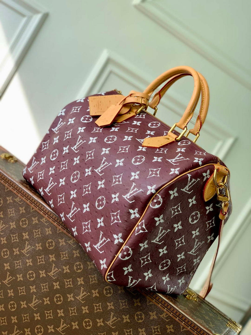 LV M24417 Louis Vuitton Speedy P9 Bandouliere 40 Bag Maroon Ostrich Pattern