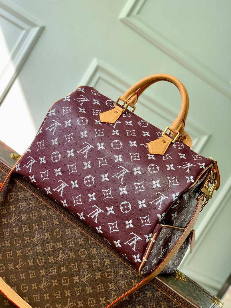 LV M24417 Louis Vuitton Speedy P9 Bandouliere 40 Bag Maroon Ostrich Pattern