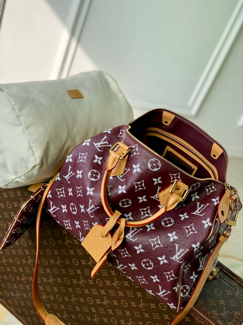 LV M24417 Louis Vuitton Speedy P9 Bandouliere 40 Bag Maroon Ostrich Pattern