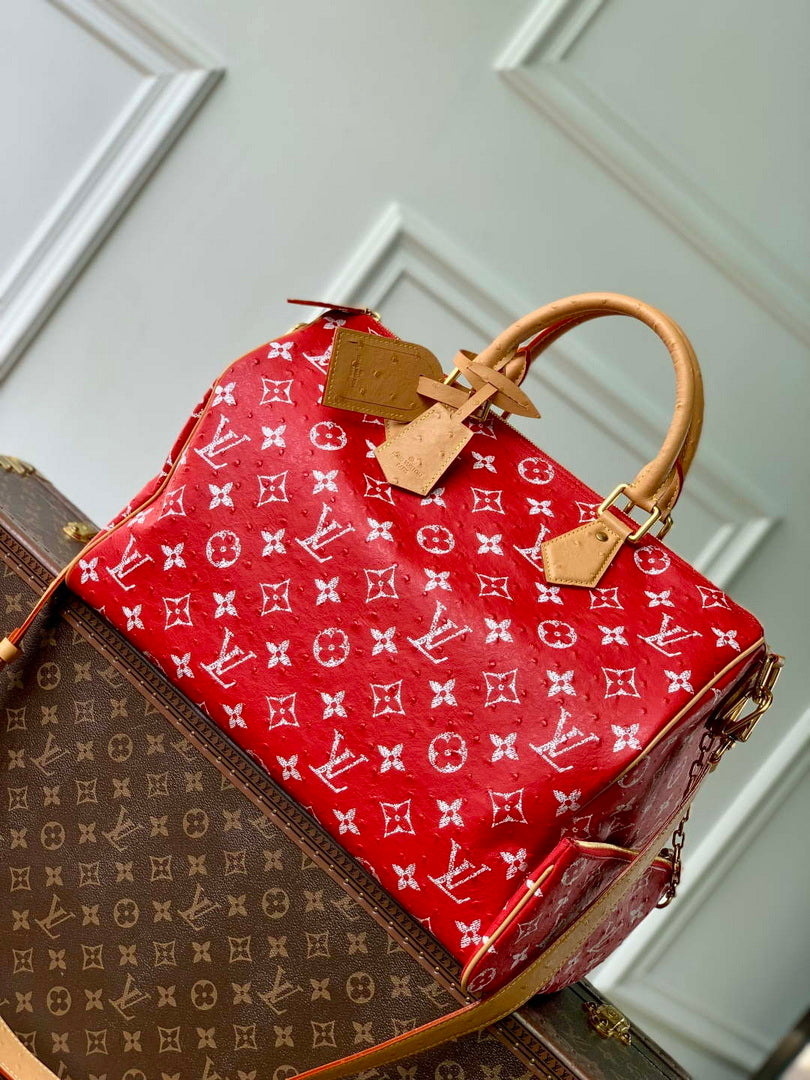 LV M24417 Louis Vuitton Speedy P9 Bandouliere 40 Bag Red Ostrich Pattern