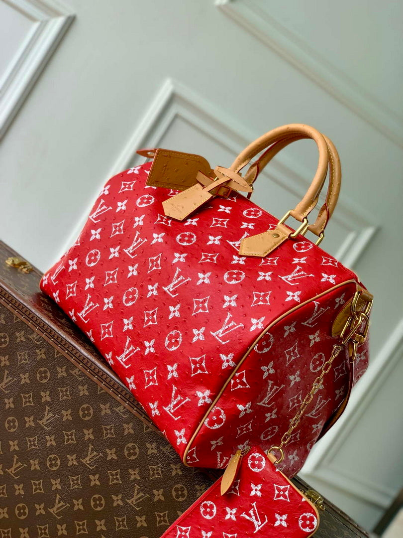 LV M24417 Louis Vuitton Speedy P9 Bandouliere 40 Bag Red Ostrich Pattern