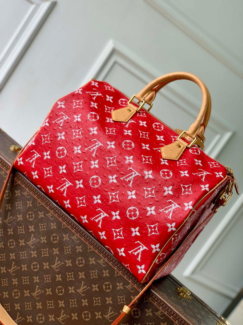 LV M24417 Louis Vuitton Speedy P9 Bandouliere 40 Bag Red Ostrich Pattern