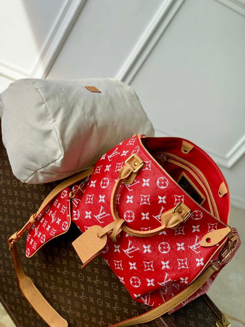 LV M24417 Louis Vuitton Speedy P9 Bandouliere 40 Bag Red Ostrich Pattern