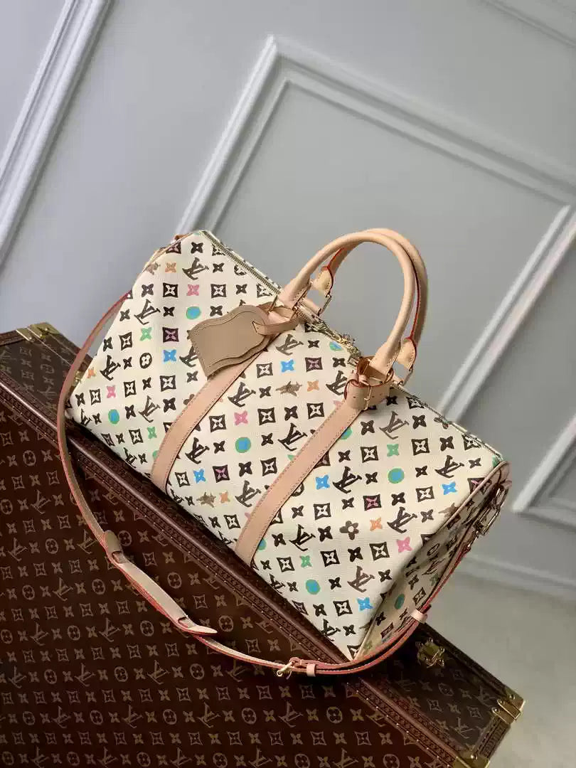 LV M24901 Louis Vuitton Keepall Bandouliere 50 Travel Bag White Multicolor - Default Title - View 1
