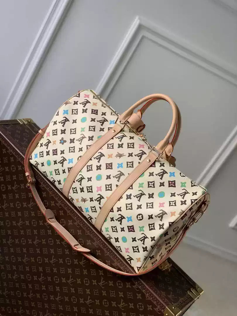 LV M24901 Louis Vuitton Keepall Bandouliere 50 Travel Bag White Multicolor
