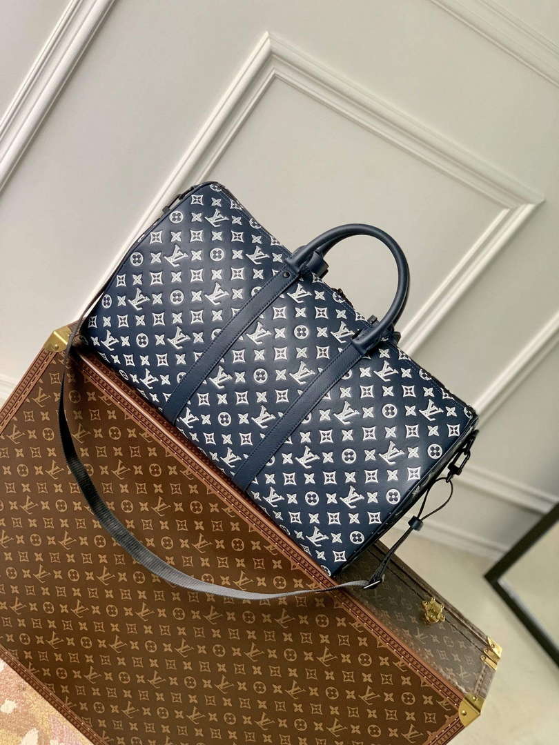 LV M24953 Louis Vuitton Keepall Bandouliere 50 Travel Bag Ink Blue/White