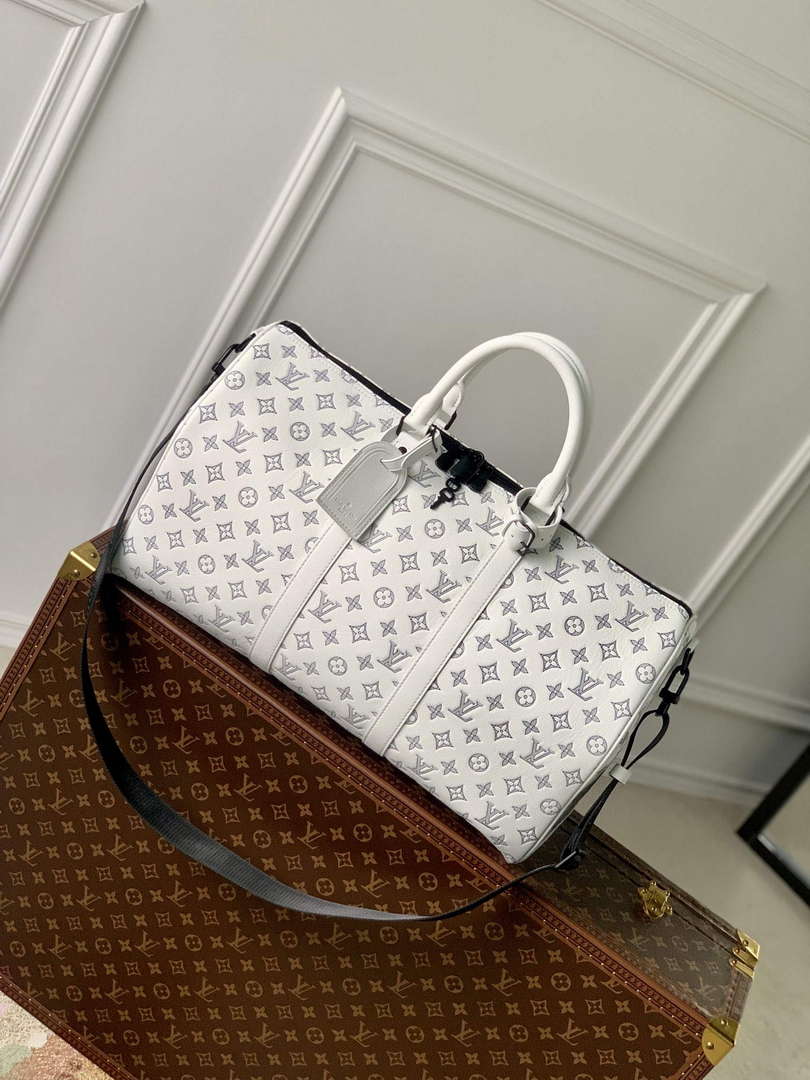 LV M24954 Louis Vuitton Keepall Bandouliere 50 Travel Bag White/Navy Blue