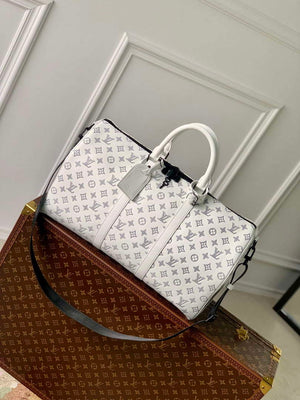 LV M24954 Louis Vuitton Keepall Bandouliere 50 Travel Bag White/Navy Blue - Default Title - View 1