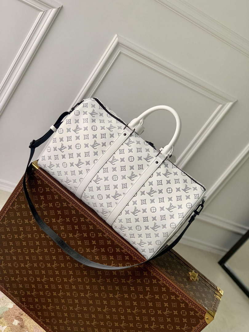 LV M24954 Louis Vuitton Keepall Bandouliere 50 Travel Bag White/Navy Blue - Default Title - View 3