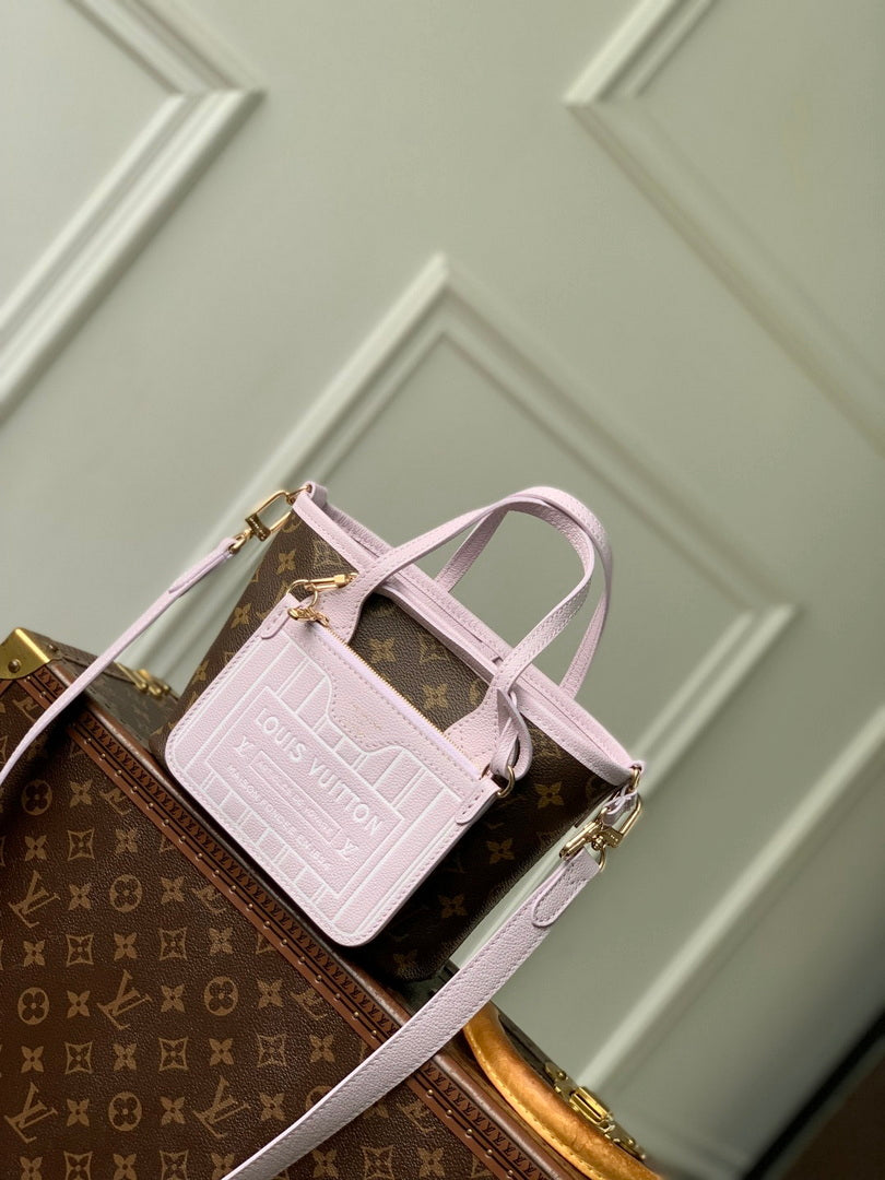 LV M25656 Louis Vuitton Neverfull Bandouliere Inside Out BB Bag Misty Lilac
