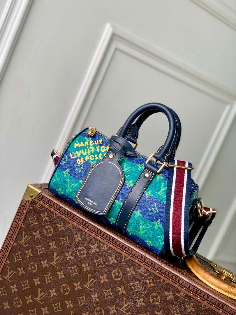 LV M25786 Louis Vuitton Keepall Bandouliere  25 Bag Blue Stripes