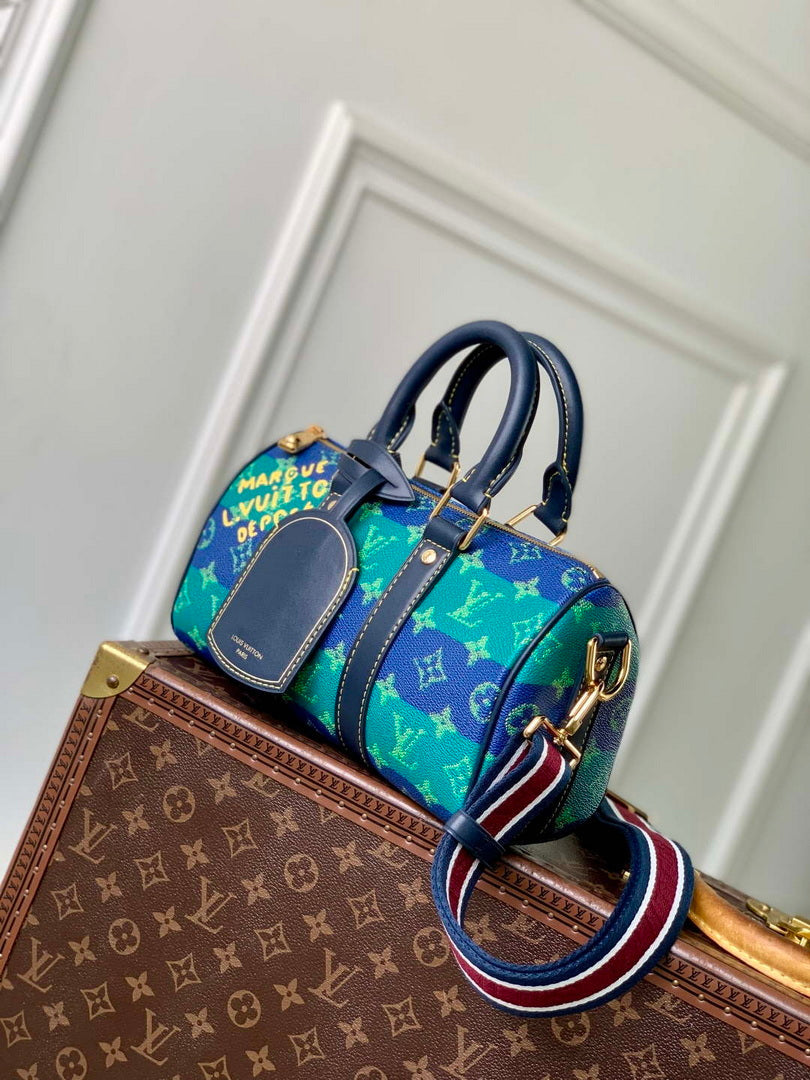 LV M25786 Louis Vuitton Keepall Bandouliere  25 Bag Blue Stripes