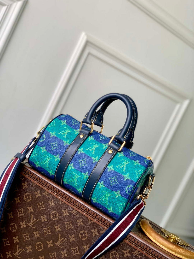 LV M25786 Louis Vuitton Keepall Bandouliere  25 Bag Blue Stripes