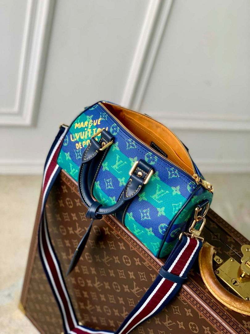 LV M25786 Louis Vuitton Keepall Bandouliere  25 Bag Blue Stripes
