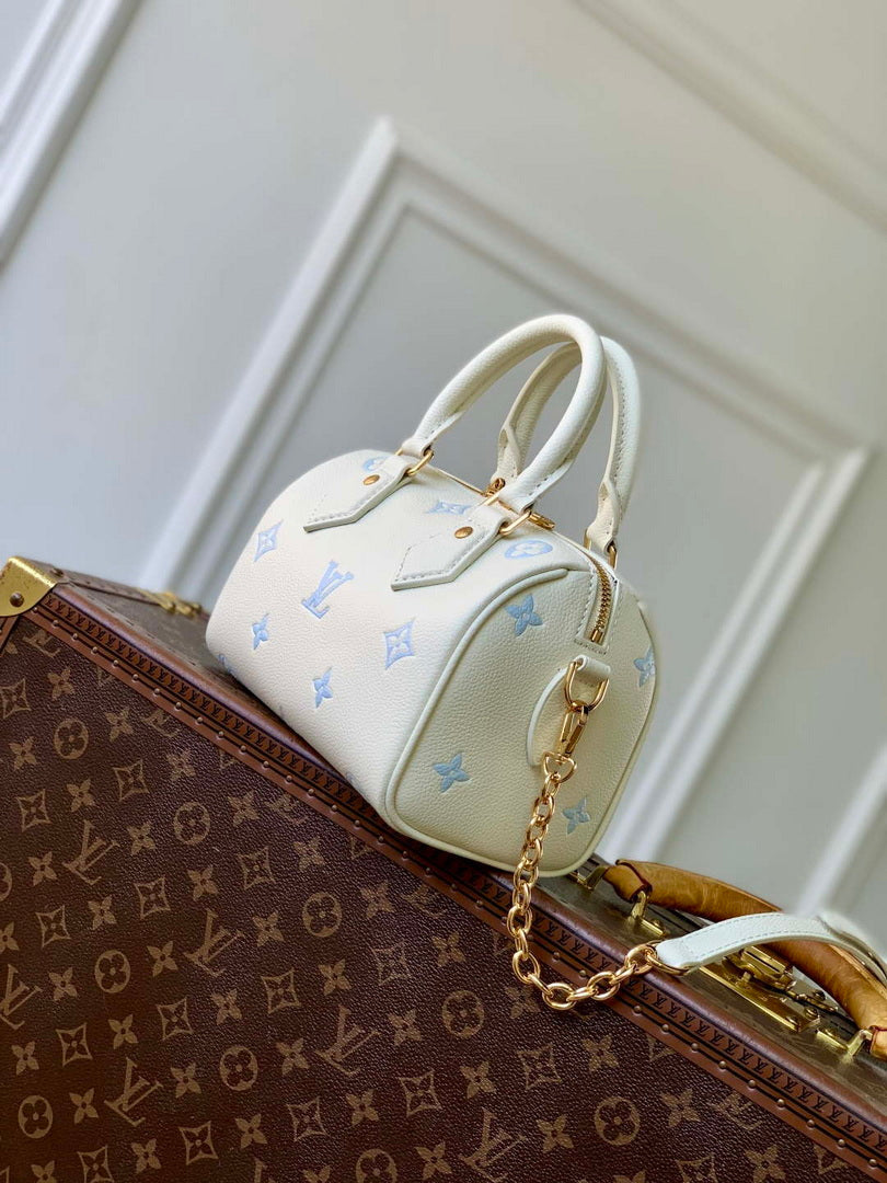 LV M28314 Louis Vuitton Speedy Bandouliere 20 Bag Milky White/Blue