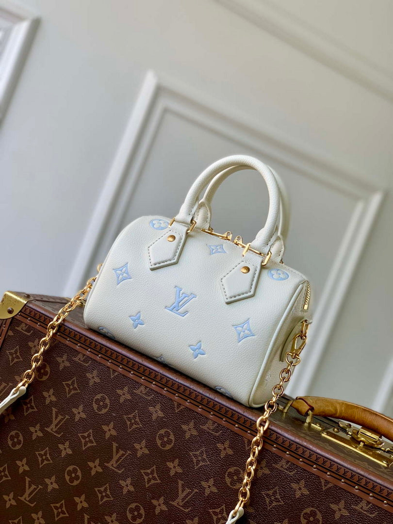 LV M28314 Louis Vuitton Speedy Bandouliere 20 Bag Milky White/Blue