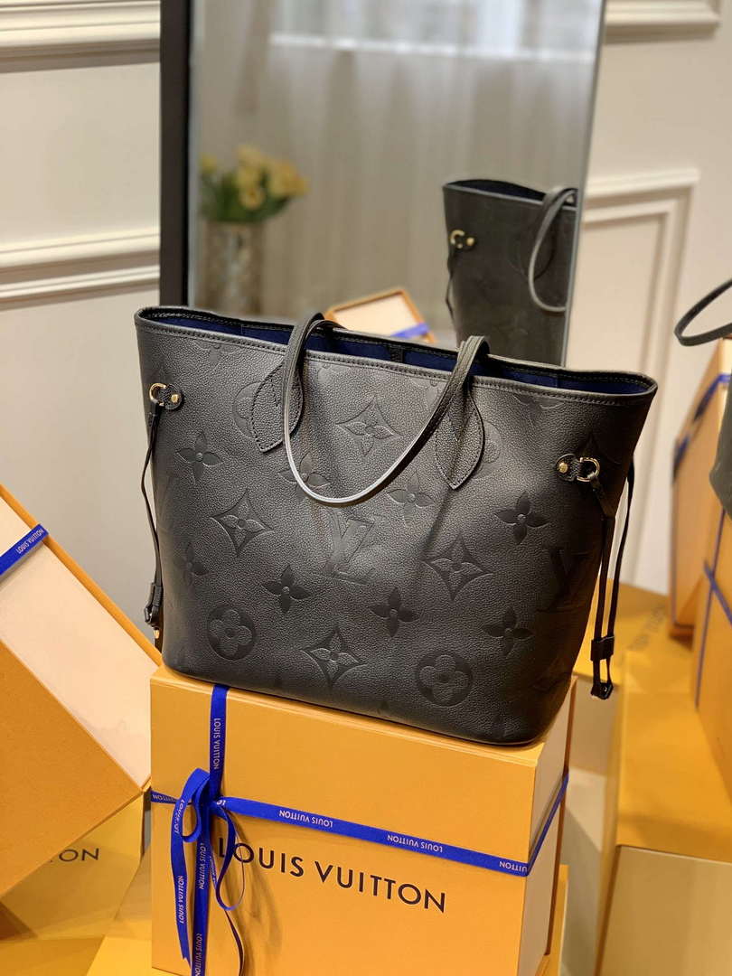 LV M45685 Louis Vuitton Neverfull MM Bag Monogram Empreinte Leather Black