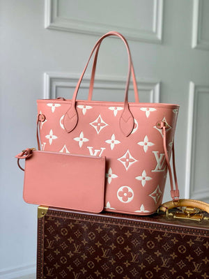 LV M45686 Louis Vuitton Neverfull MM Tote Bag Monogram Empreinte Leather Pink Cream - Default Title - View 1