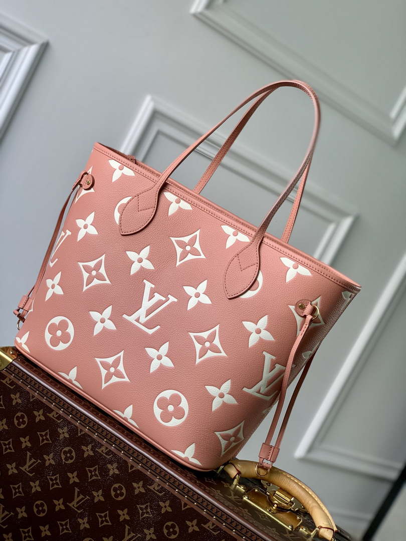 LV M45686 Louis Vuitton Neverfull MM Tote Bag Monogram Empreinte Leather Pink Cream - Default Title - View 2