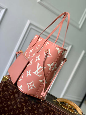 LV M45686 Louis Vuitton Neverfull MM Tote Bag Monogram Empreinte Leather Pink Cream - Default Title - View 9