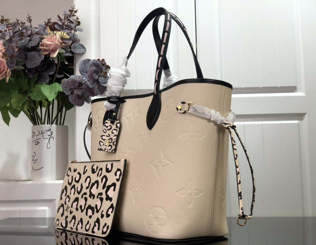 LV M58525 Louis Vuitton Neverfull MM Monogram Empreinte Leather Bag M45856 Creme