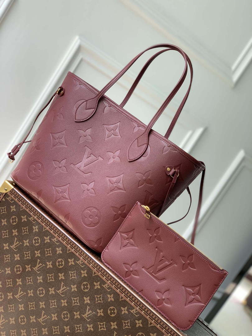 LV M46599 Louis Vuitton Neverfull MM Bag M45685 Monogram Empreinte Leather Wine Red - Default Title - View 1