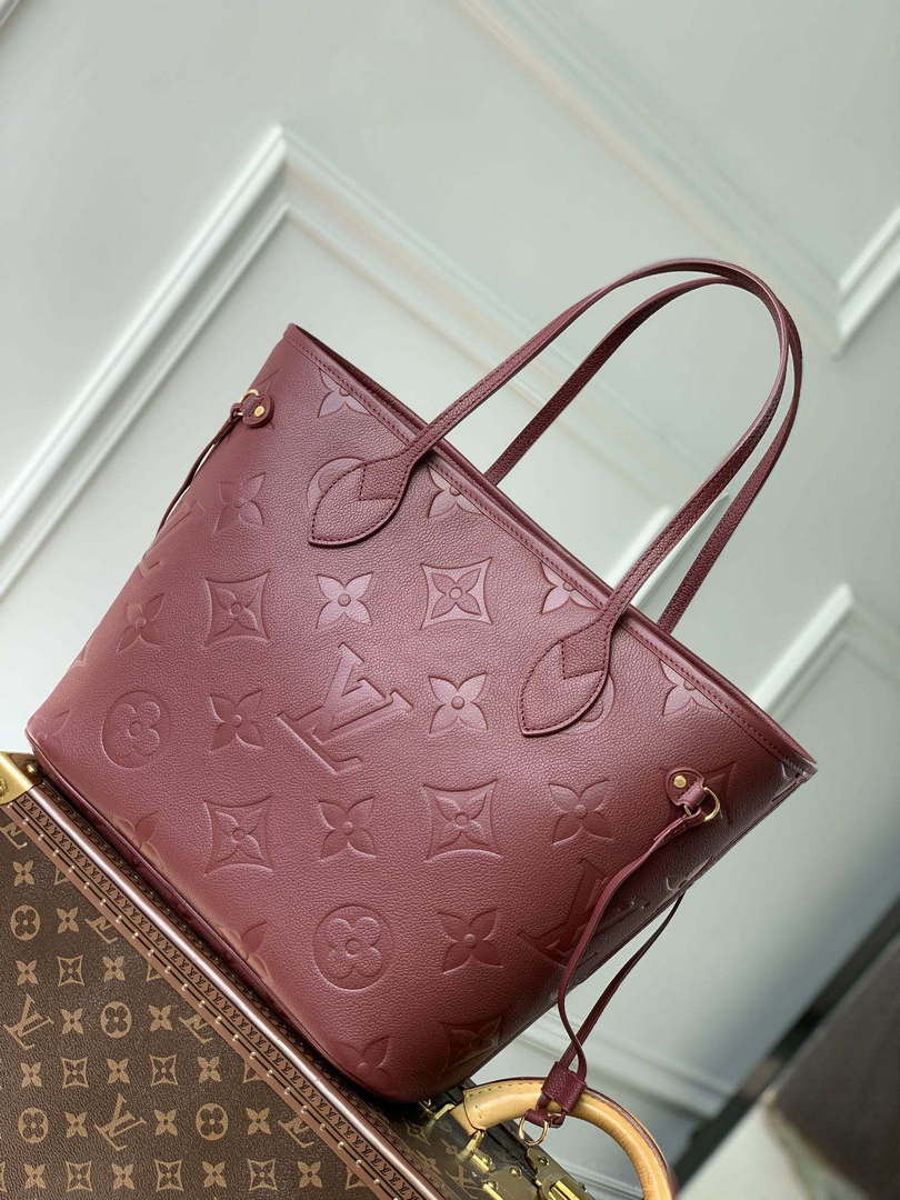 LV M46599 Louis Vuitton Neverfull MM Bag M45685 Monogram Empreinte Leather Wine Red - Default Title - View 2