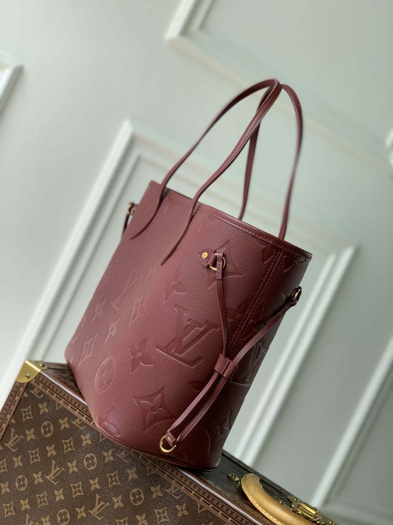LV M46599 Louis Vuitton Neverfull MM Bag M45685 Monogram Empreinte Leather Wine Red