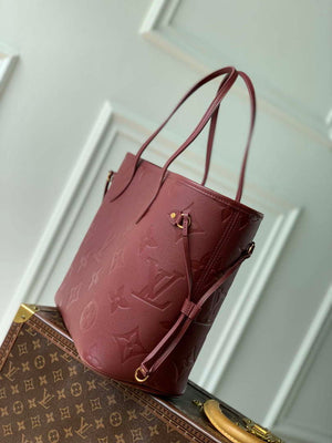 LV M46599 Louis Vuitton Neverfull MM Bag M45685 Monogram Empreinte Leather Wine Red - Default Title - View 3