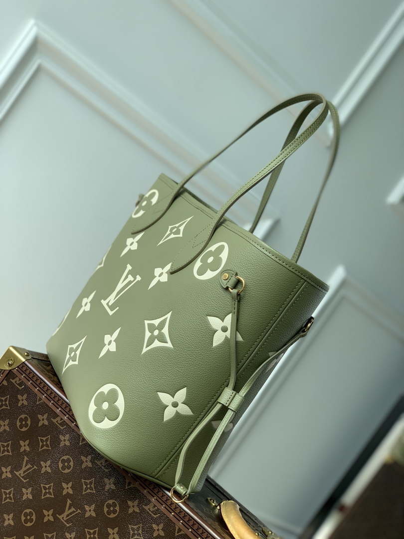 LV M46649 Louis Vuitton Neverfull MM Tote Bag Monogram Empreinte Leather Kaki Cream