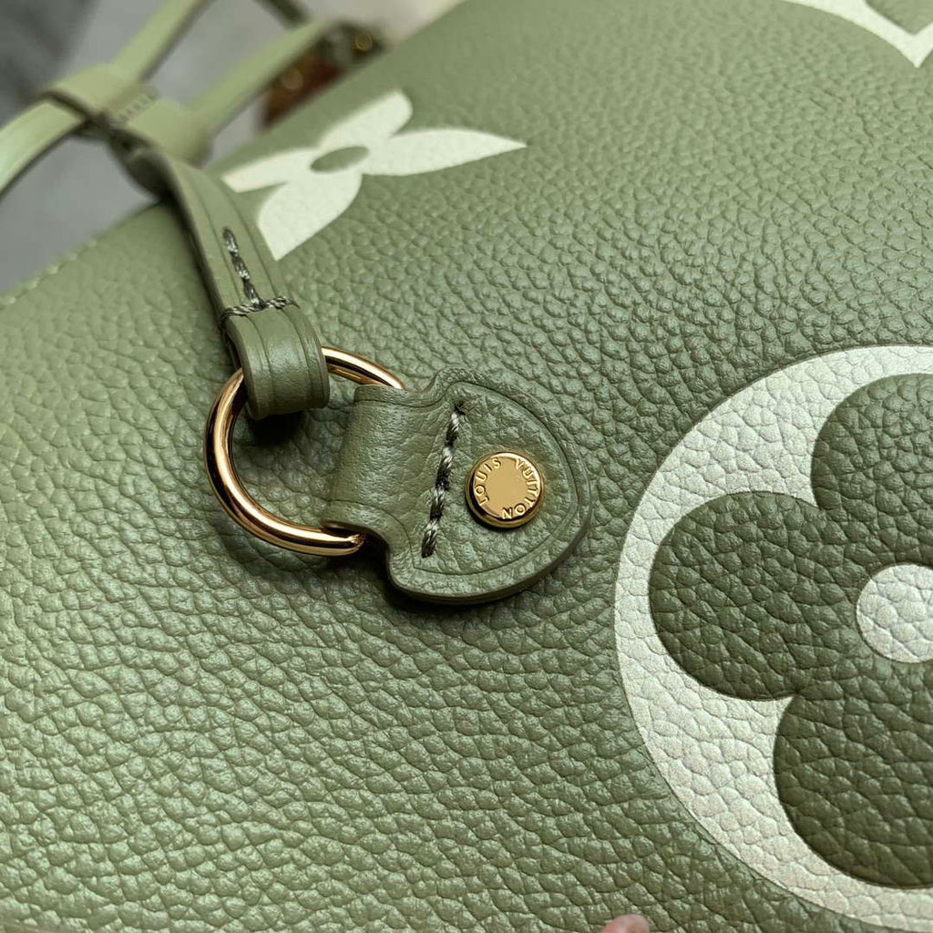LV M46649 Louis Vuitton Neverfull MM Tote Bag Monogram Empreinte Leather Kaki Cream