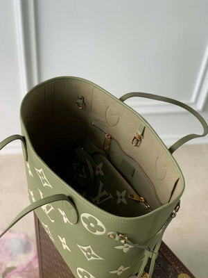 LV M46649 Louis Vuitton Neverfull MM Tote Bag Monogram Empreinte Leather Kaki Cream - Default Title - View 7