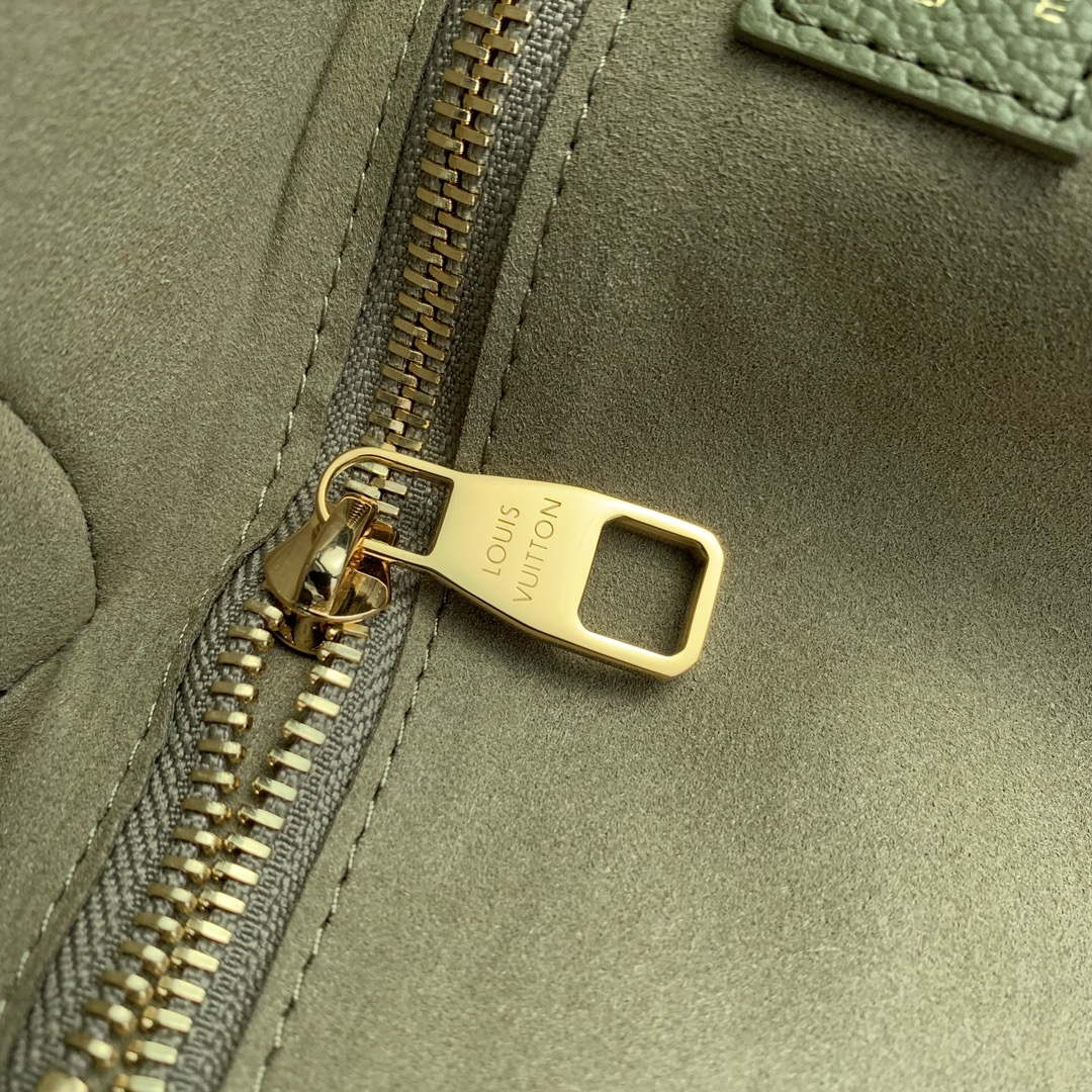 LV M46649 Louis Vuitton Neverfull MM Tote Bag Monogram Empreinte Leather Kaki Cream