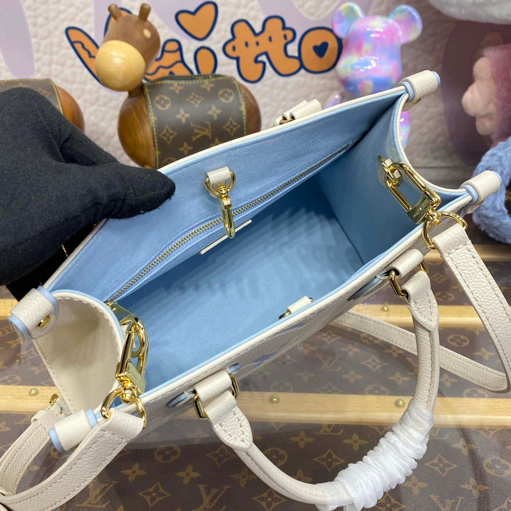 LV M46833 Louis Vuitton OnTheGo PM Bicolor Monogram Empreinte Leather Latte Blue