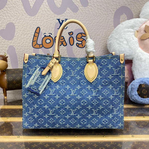 LV M46871 Louis Vuitton OnTheGo MM Tote Bag Monogram Denim - Default Title - View 1