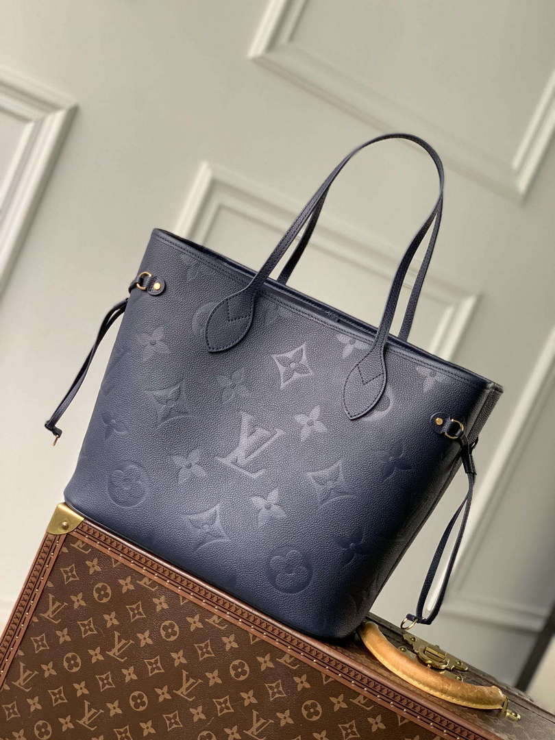 LV M47143 Louis Vuitton Neverfull MM Bag Monogram Empreinte Leather Navy Blue