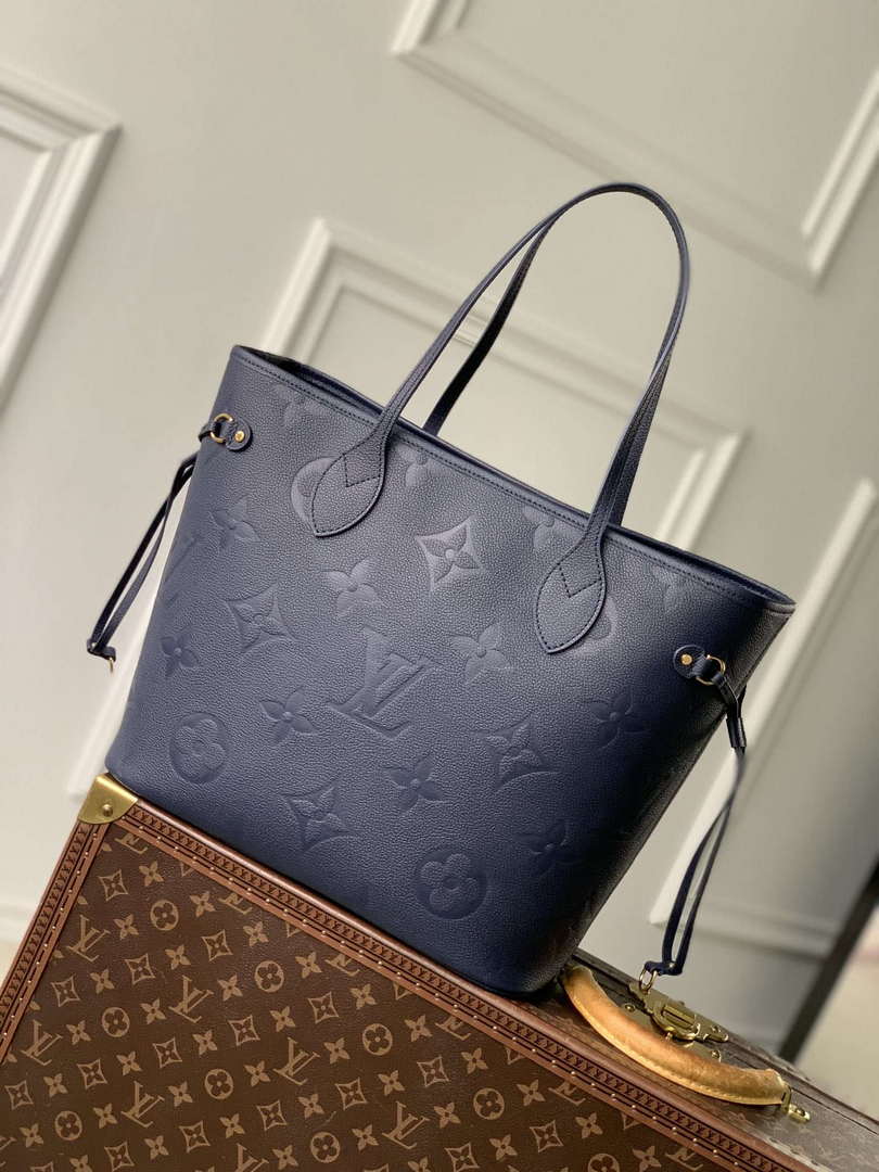 LV M47143 Louis Vuitton Neverfull MM Bag Monogram Empreinte Leather Navy Blue