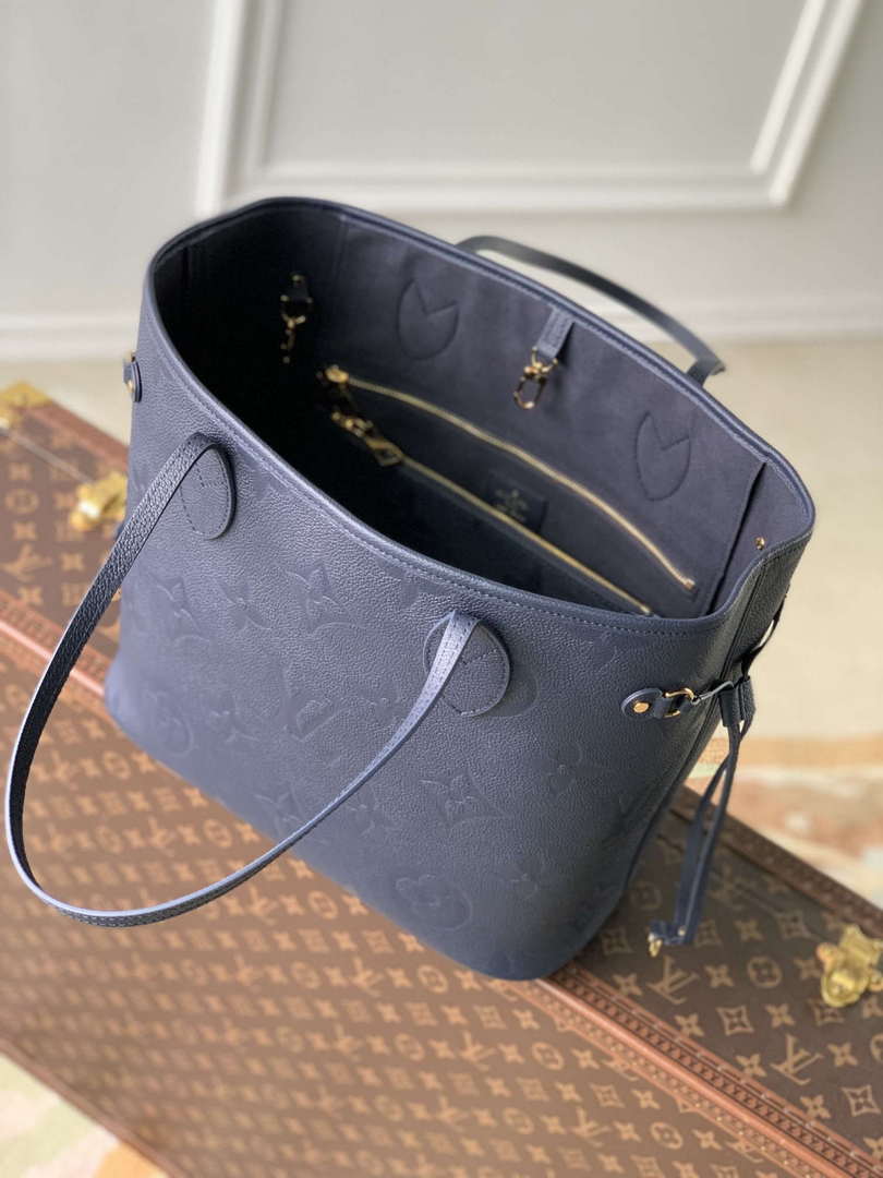 LV M47143 Louis Vuitton Neverfull MM Bag Monogram Empreinte Leather Navy Blue