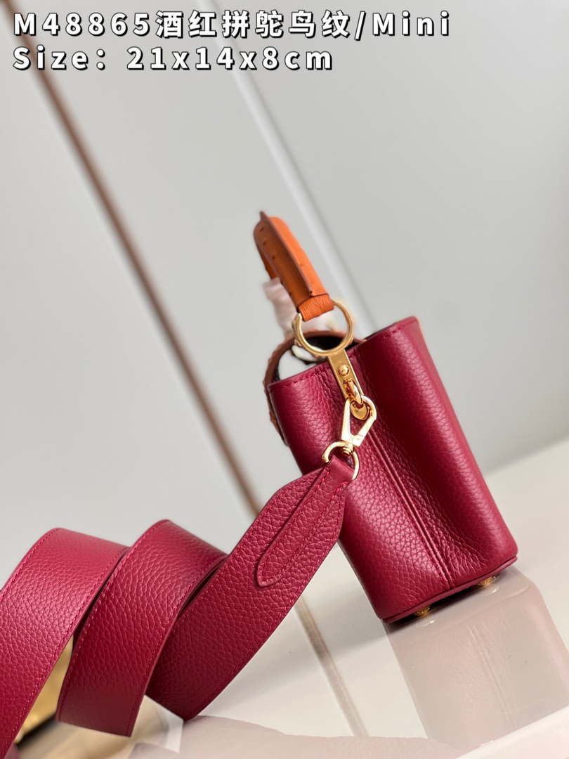 LV M48865 Louis Vuitton Capucines Mini Bag Stitched ostrich leather Wine Red - Default Title - View 5