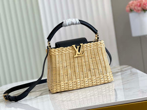 LV M55011 Louis Vuitton Capucines BB Handbag Straw Leather Beige Black - Default Title - View 1