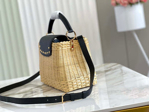 LV M55011 Louis Vuitton Capucines BB Handbag Straw Leather Beige Black - Default Title - View 2